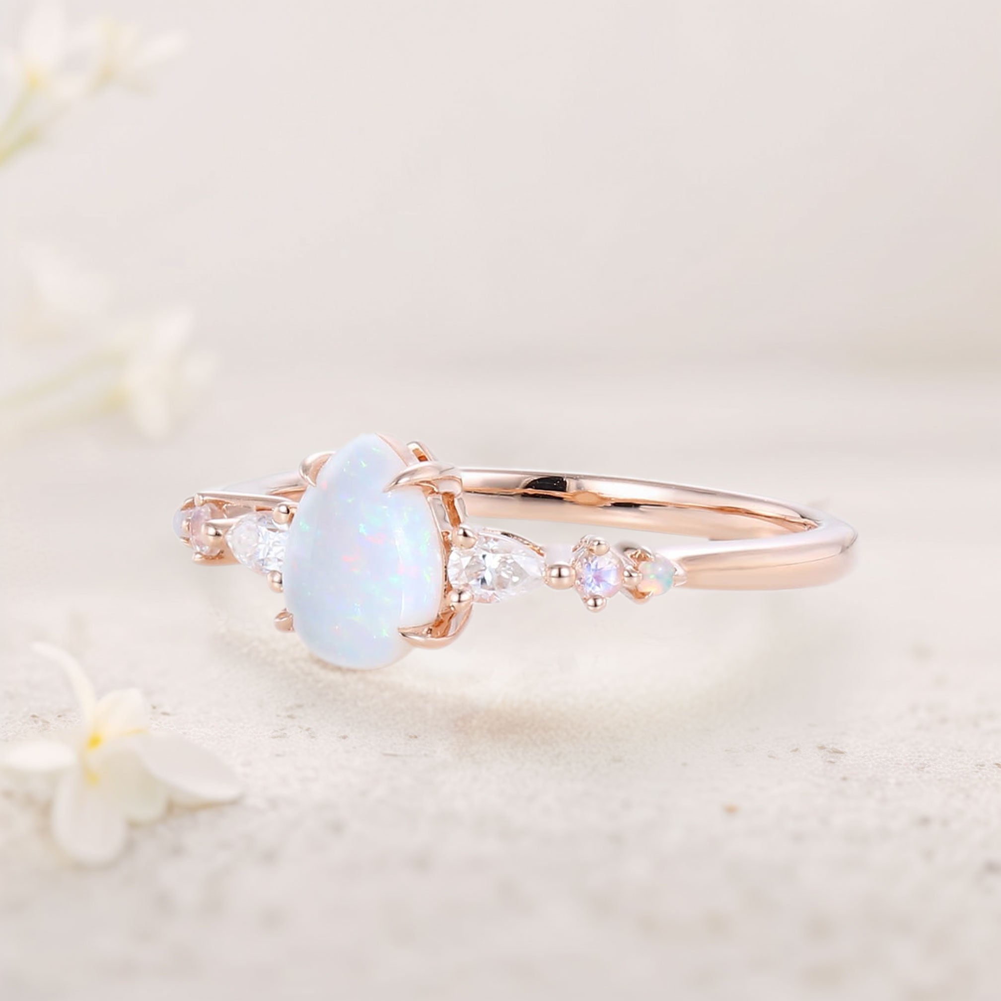 Vintage Pear Lab Opal and Moissanite 18K Rose Gold Engagement Ring