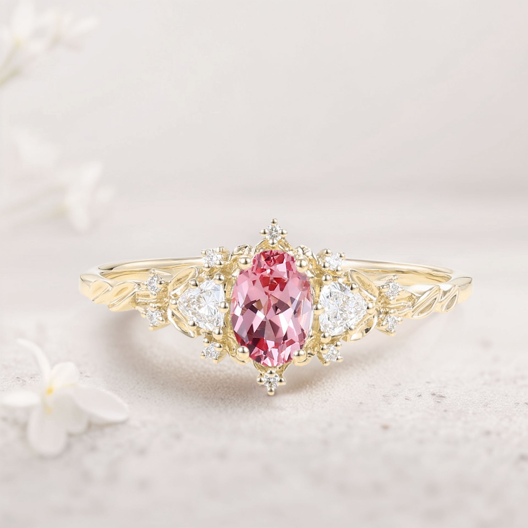 Classic Briar Rose Oval Pink Lab Padparadscha Olive Leaves 18K Yellow Gold Engagement Ring Fairy Ring