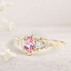Classic Briar Rose Oval Pink Lab Padparadscha Olive Leaves 18K Yellow Gold Engagement Ring Fairy Ring
