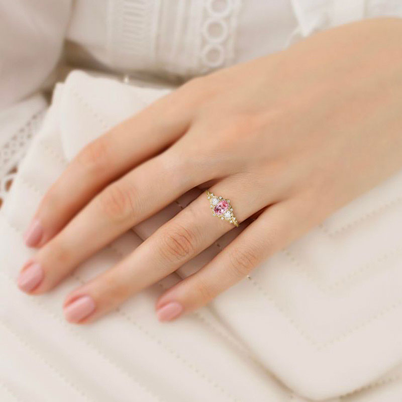 Classic Briar Rose Oval Pink Lab Padparadscha Olive Leaves 18K Yellow Gold Engagement Ring Fairy Ring