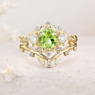 Unique Round Peridot Leaf Engagement Ring Set Moissanite Cluster Flower 18K Yellow Gold Wedding Ring Set