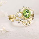 Unique Round Peridot Leaf Engagement Ring Set Moissanite Cluster Flower 18K Yellow Gold Wedding Ring Set