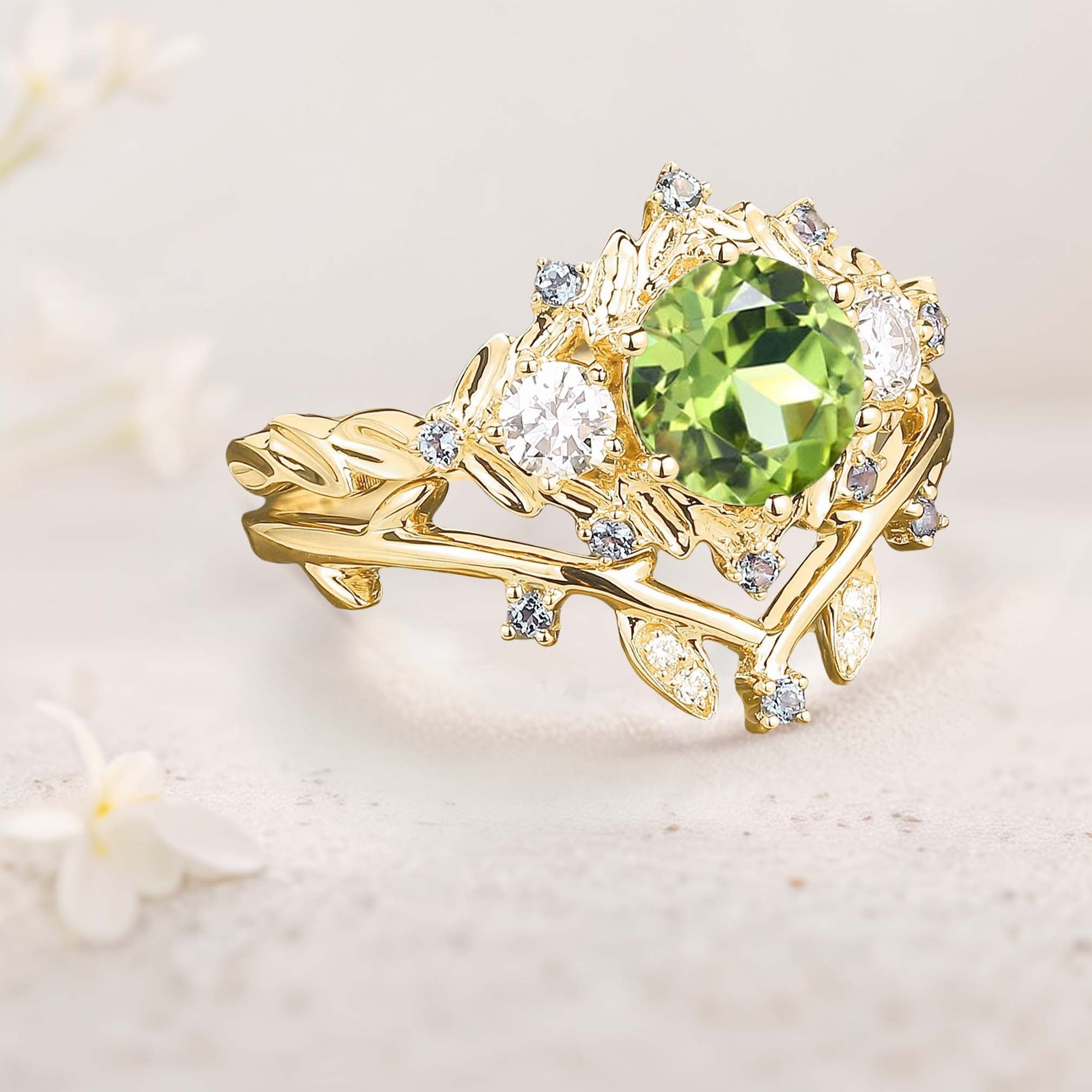 Unique Round Peridot Leaf Engagement Ring Set Moissanite Cluster Flower 18K Yellow Gold Wedding Ring Set
