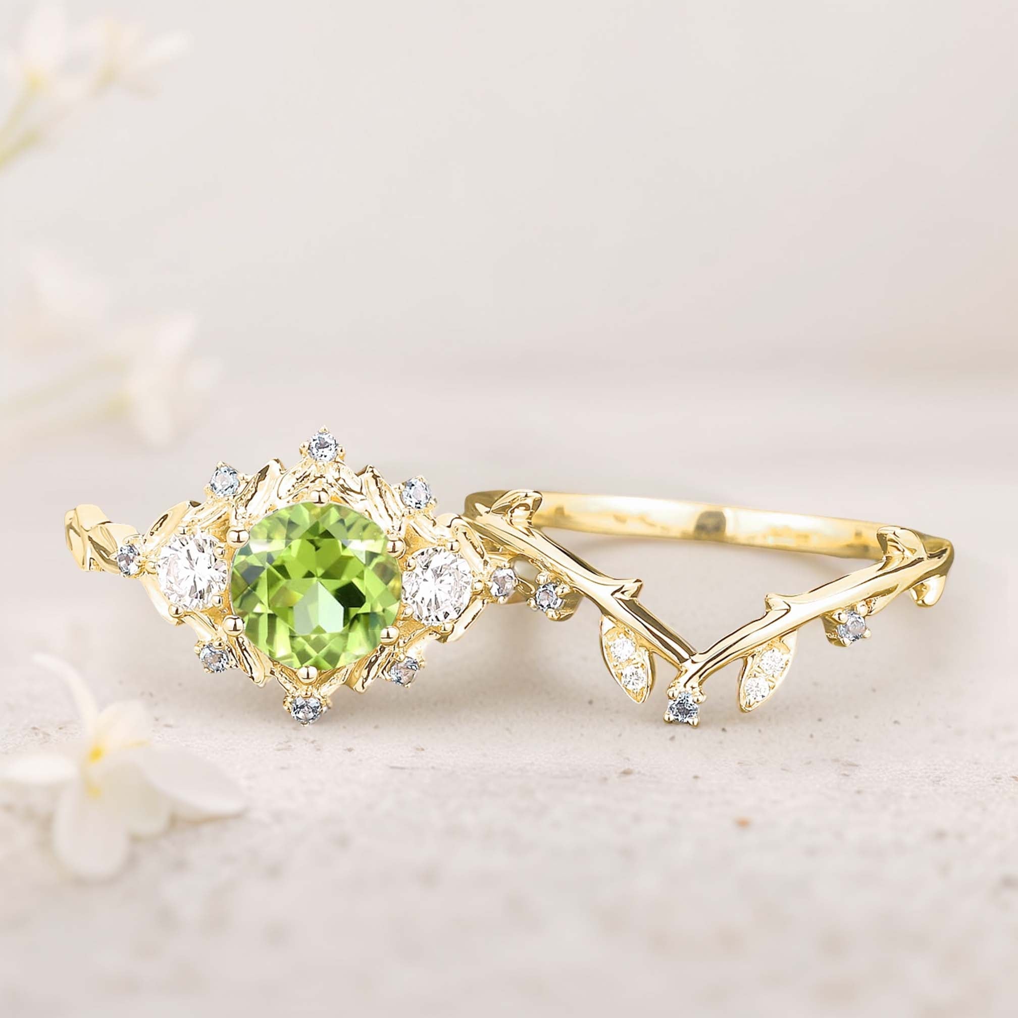 Unique Round Peridot Leaf Engagement Ring Set Moissanite Cluster Flower 18K Yellow Gold Wedding Ring Set