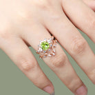 Unique Round Peridot Leaf Engagement Ring Set Moissanite Cluster Flower 18K Yellow Gold Wedding Ring Set