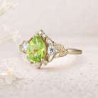 Unique Pear Peridot and Moissanite side stones Leaf Ring 18K Yellow Gold Engagement Ring