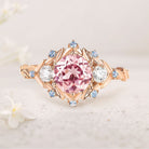 Unique Round Pink Lab Sapphire 18K Yellow Gold engagement ring leaf Wedding Ring