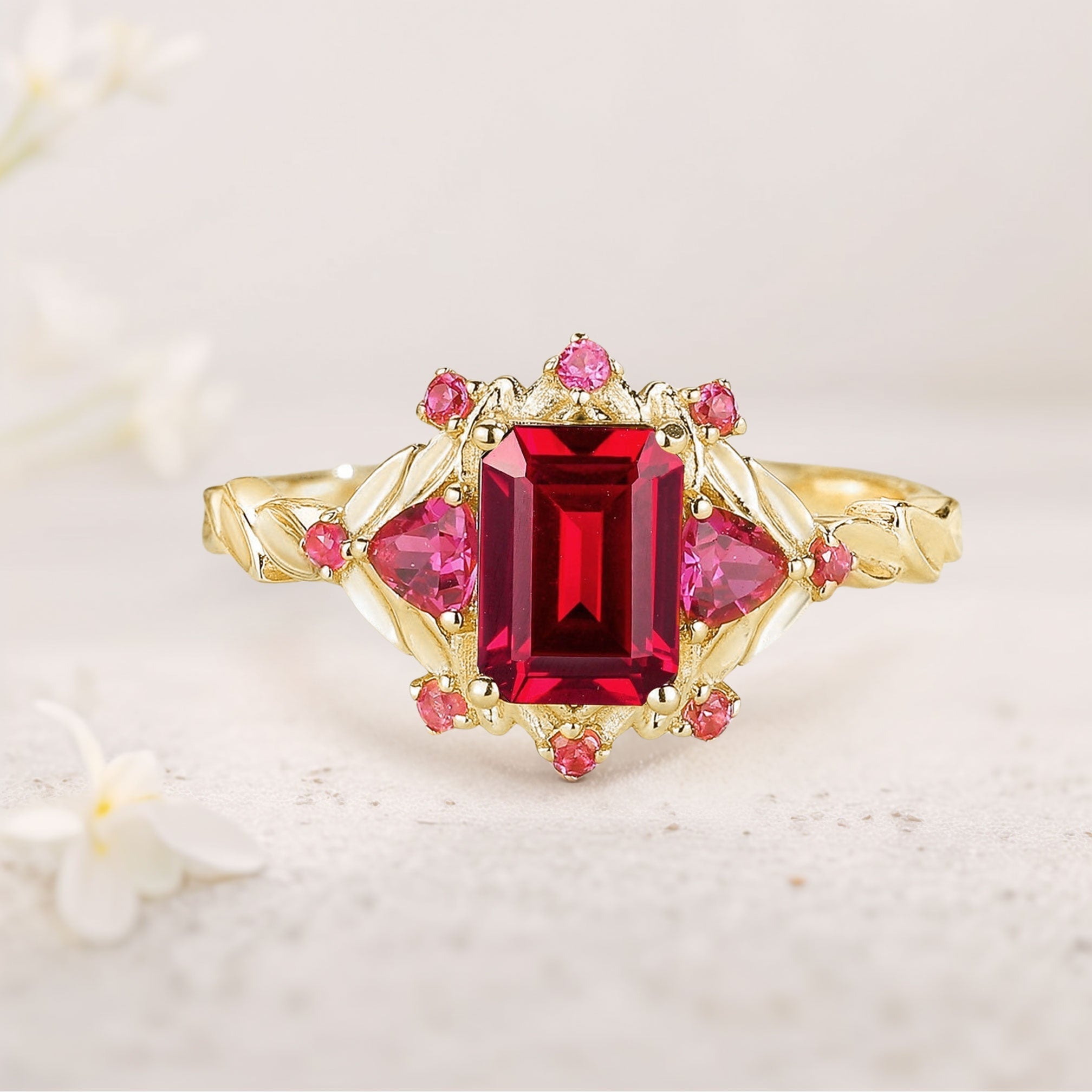 Unique floral engagement rings Emerald Cut Lab Ruby 18K Yellow Gold Floral Engagement Ring Ruby Halo Wedding Ring