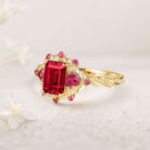 Unique floral engagement rings Emerald Cut Lab Ruby 18K Yellow Gold Floral Engagement Ring Ruby Halo Wedding Ring