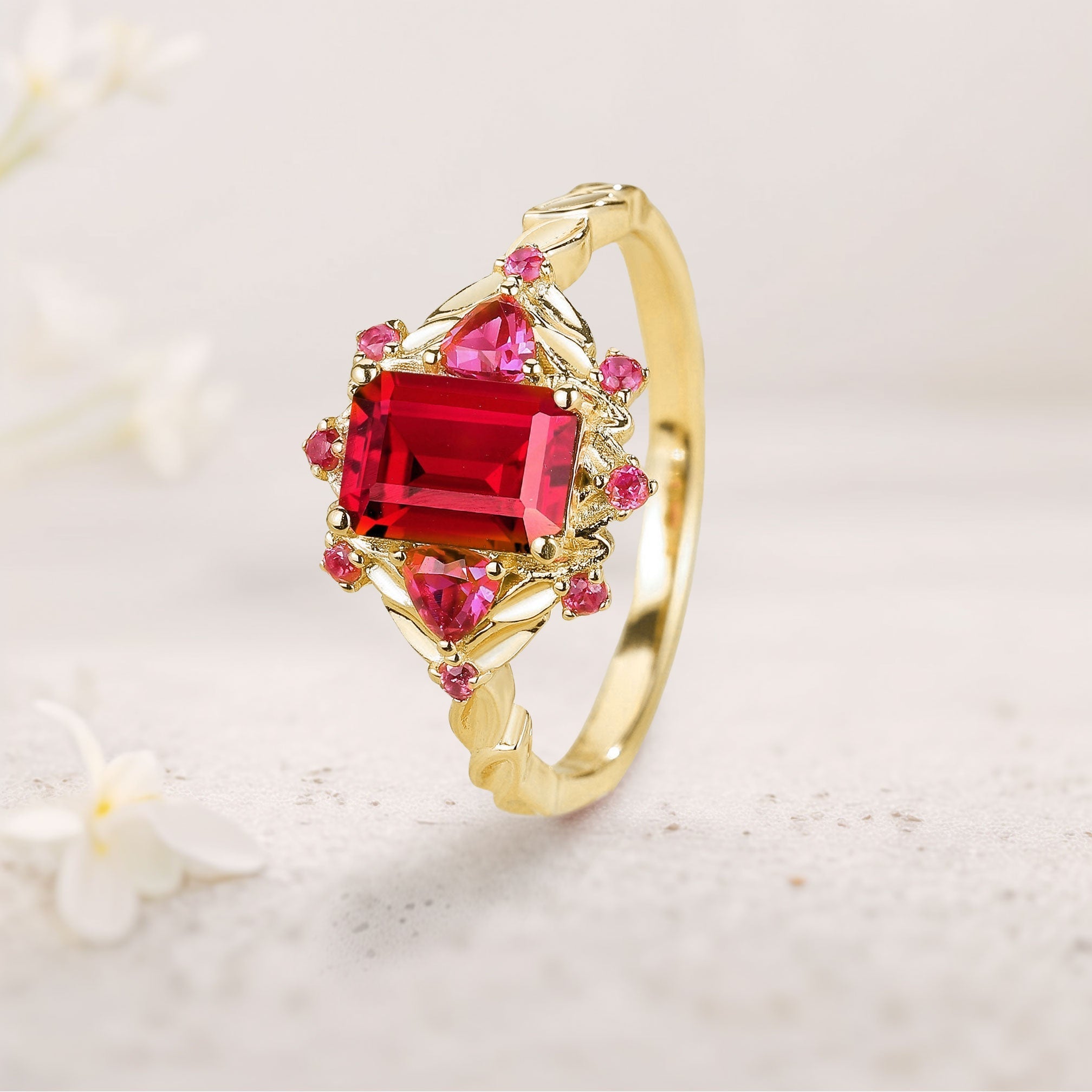 Unique floral engagement rings Emerald Cut Lab Ruby 18K Yellow Gold Floral Engagement Ring Ruby Halo Wedding Ring