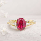Unique Oval Lab Ruby and Moissanite 18K Yellow Gold Wedding Ring