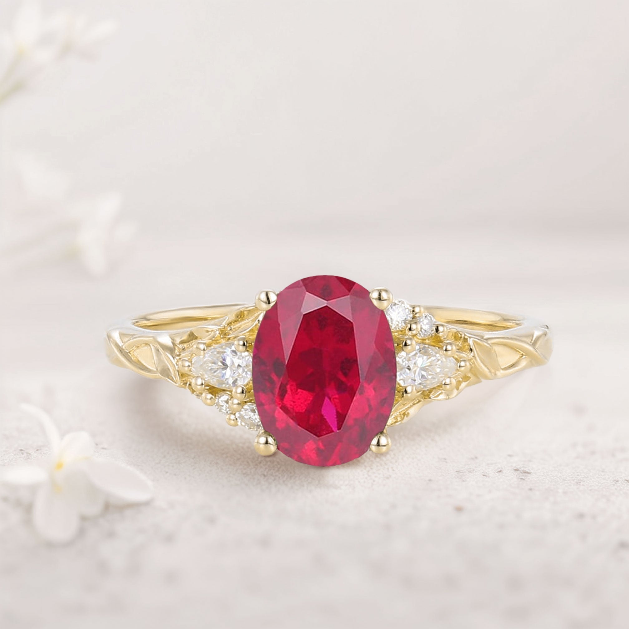 Unique Oval Lab Ruby and Moissanite 18K Yellow Gold Wedding Ring
