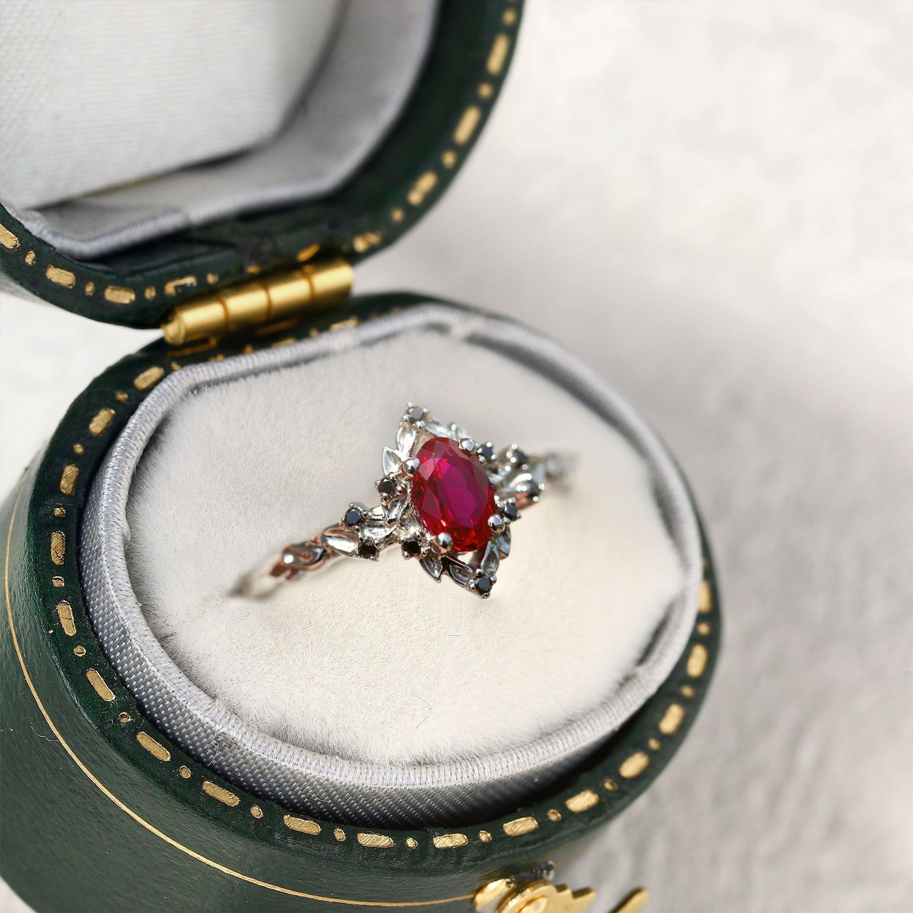 Unique Briar Rose Halo Oval Lab Ruby 18K White Gold Ring