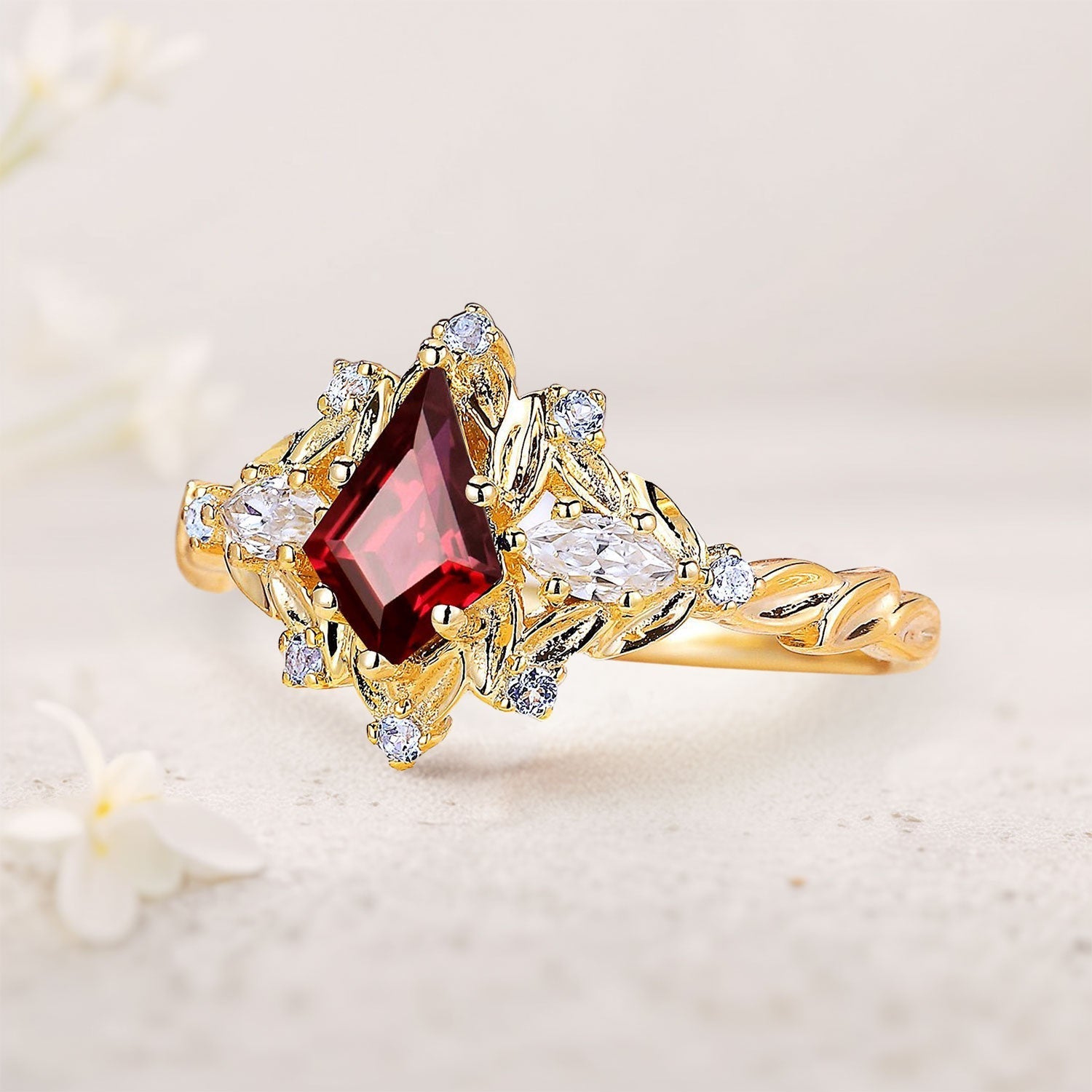 Unique Unique Kite Lab Ruby Floral Engagement Ring Sapphire Halo Women Leaf 18K Yellow Gold Wedding Ring