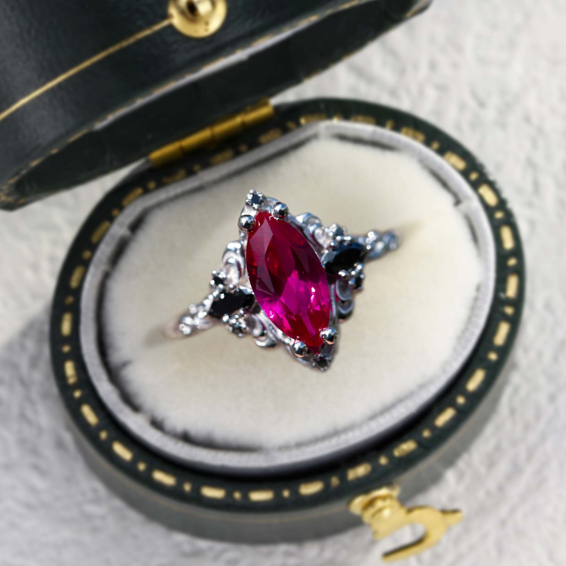 Unique Aurora Three Stone Marquise Lab Ruby and Black Onyx 18K White Gold Ring