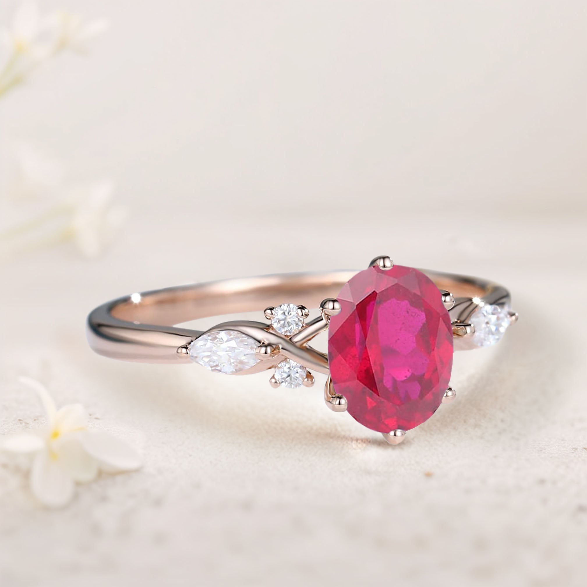 Vintage Oval Lab Ruby and Moissanite 18K Rose Gold Engagement Ring