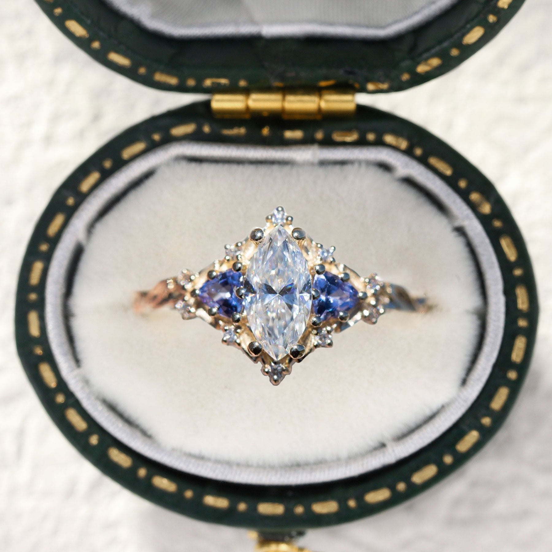 Unique Briar Rose Marquise Moissanite and Lab Sapphire 18K Rose Gold Ring