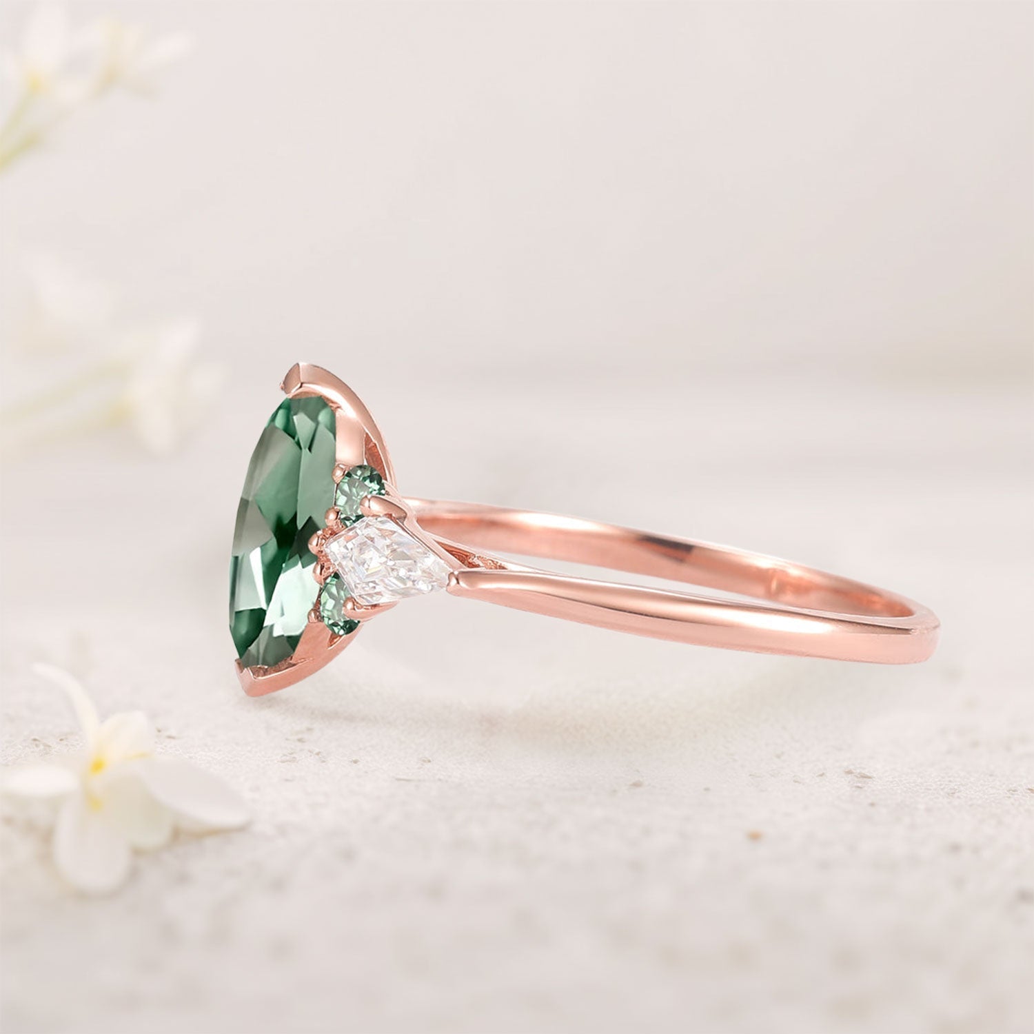 Unique Cluster Marquise Green Lab Sapphire Seven Gemstone 18K Rose Gold Ring