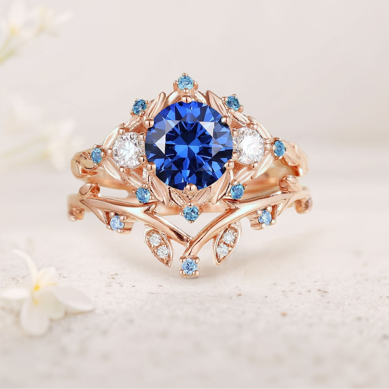 Vintage round cornflower Lab Sapphire engagement ring set Leaf art sapphire cluster 18K Yellow Gold promise ring set