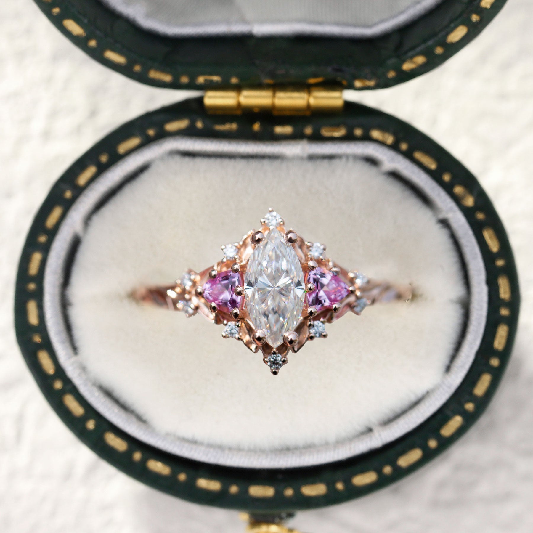 Unique Briar Rose Marquise Moissanite and Pink Lab Sapphire 18K Rose Gold Ring