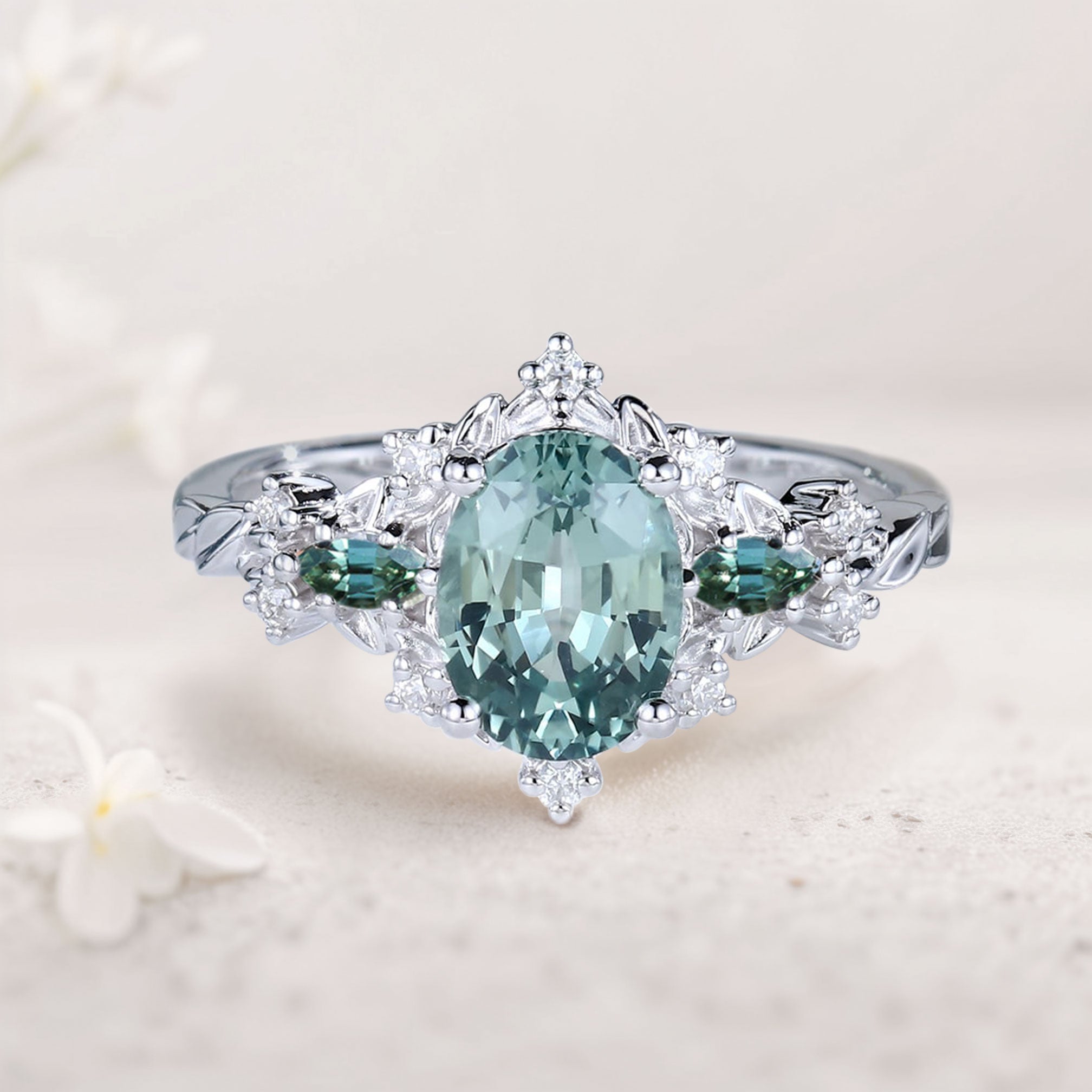 Vintage Briar Rose Oval Green Lab Sapphire and Tear Moissanite 18K White Gold Engagement Ring Vine Ring