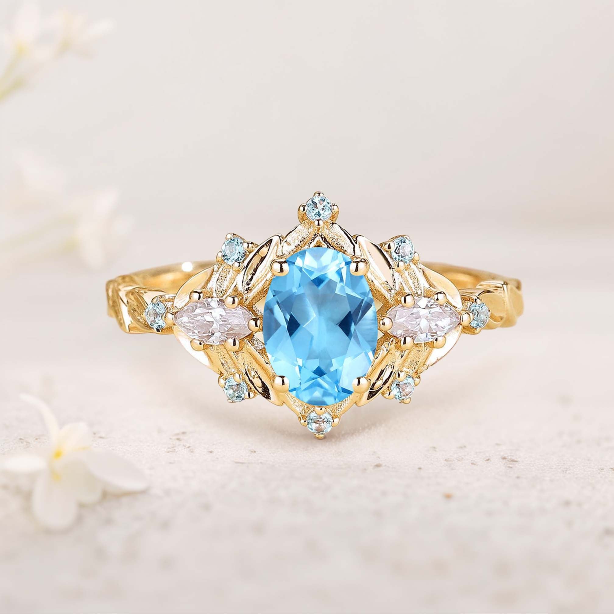 Unique floral engagement rings Oval Blue Lab Topaz Cluster 18K Yellow Gold Wedding Ring Fairy Engagement Ring