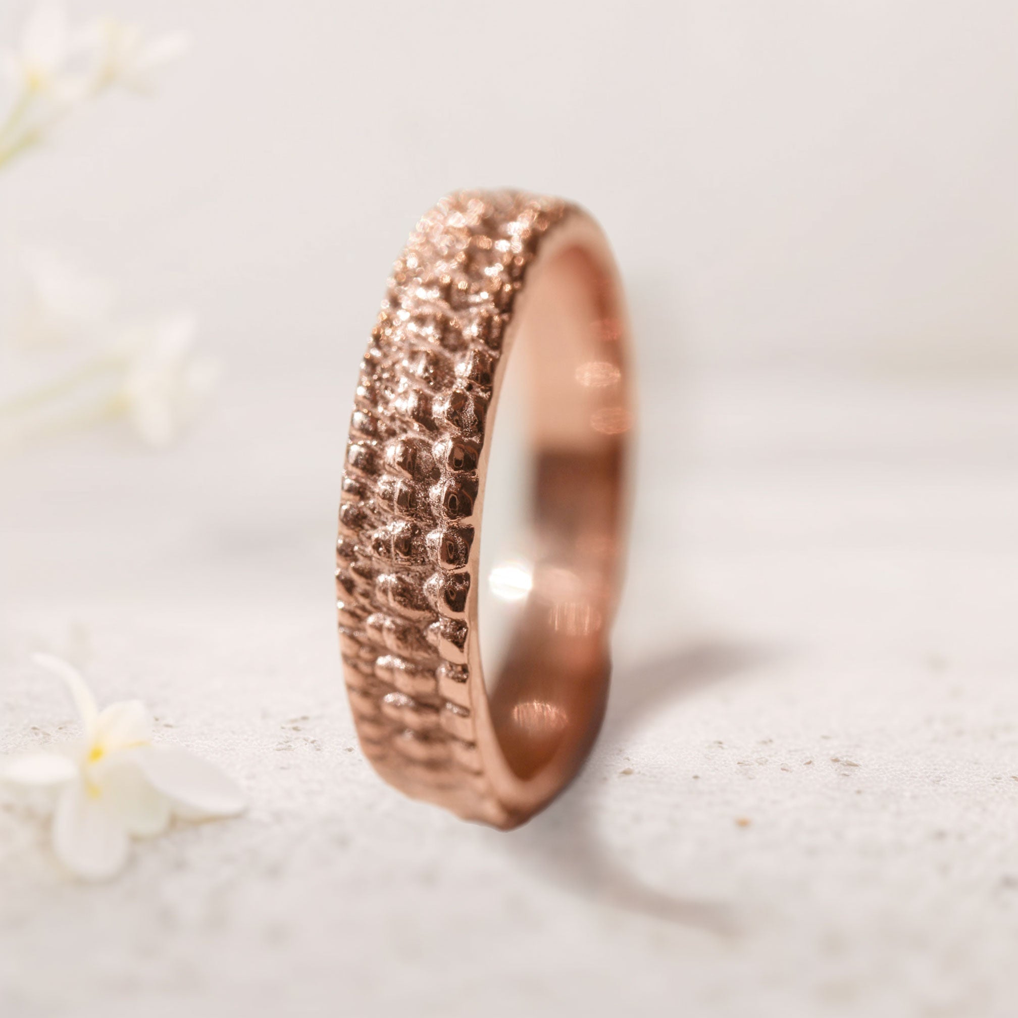 Unique floral engagement 18K Rose Gold rings Textured crocodile's skin ring For Men