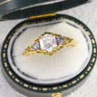 Unique Three Stone Hexagon Moissanite and Lab Sapphire Leaf 18K Yellow Gold Ring