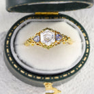Unique Three Stone Hexagon Moissanite and Lab Sapphire Leaf 18K Yellow Gold Ring