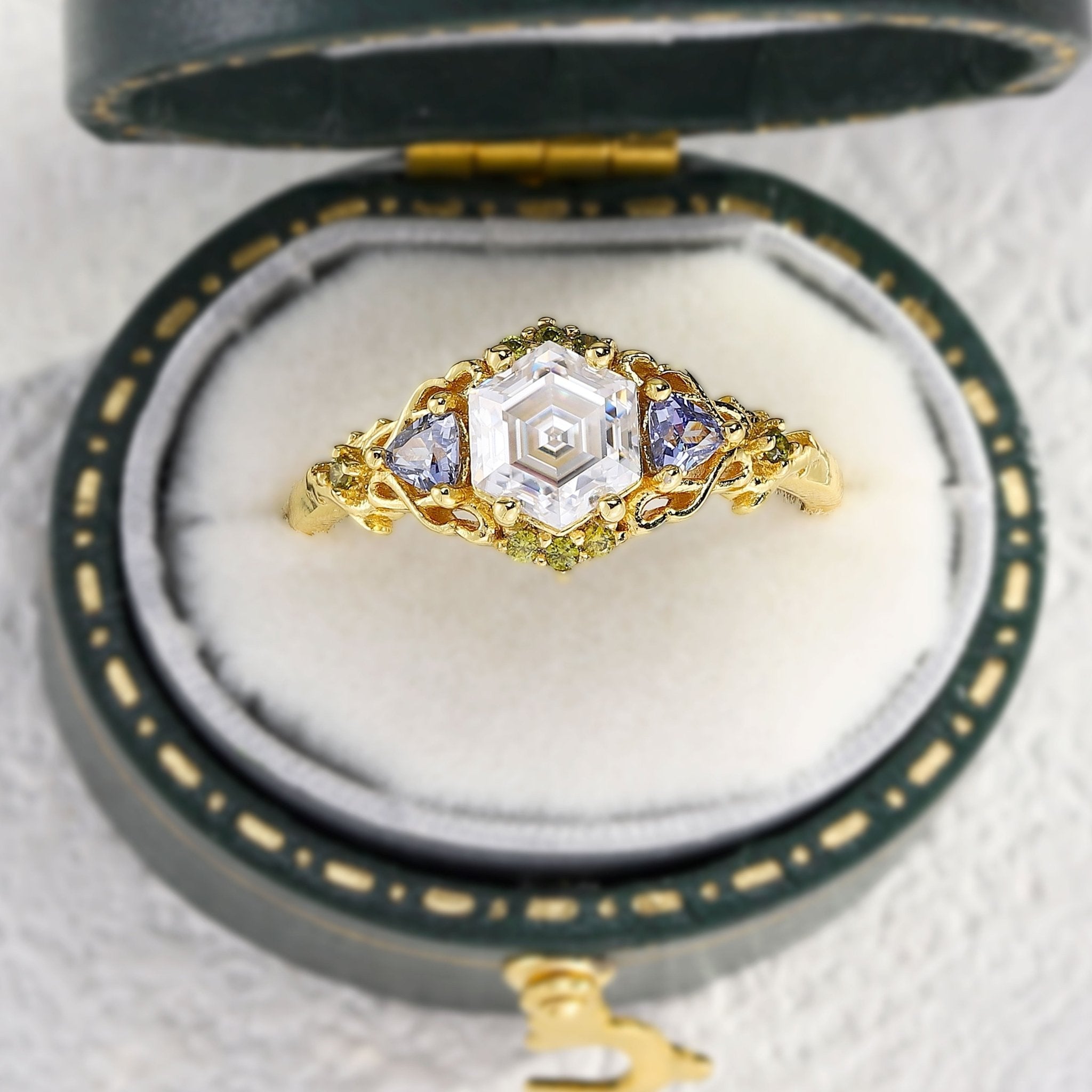 Unique Three Stone Hexagon Moissanite and Lab Sapphire Leaf 18K Yellow Gold Ring
