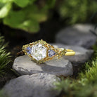 Unique Three Stone Hexagon Moissanite and Lab Sapphire Leaf 18K Yellow Gold Ring
