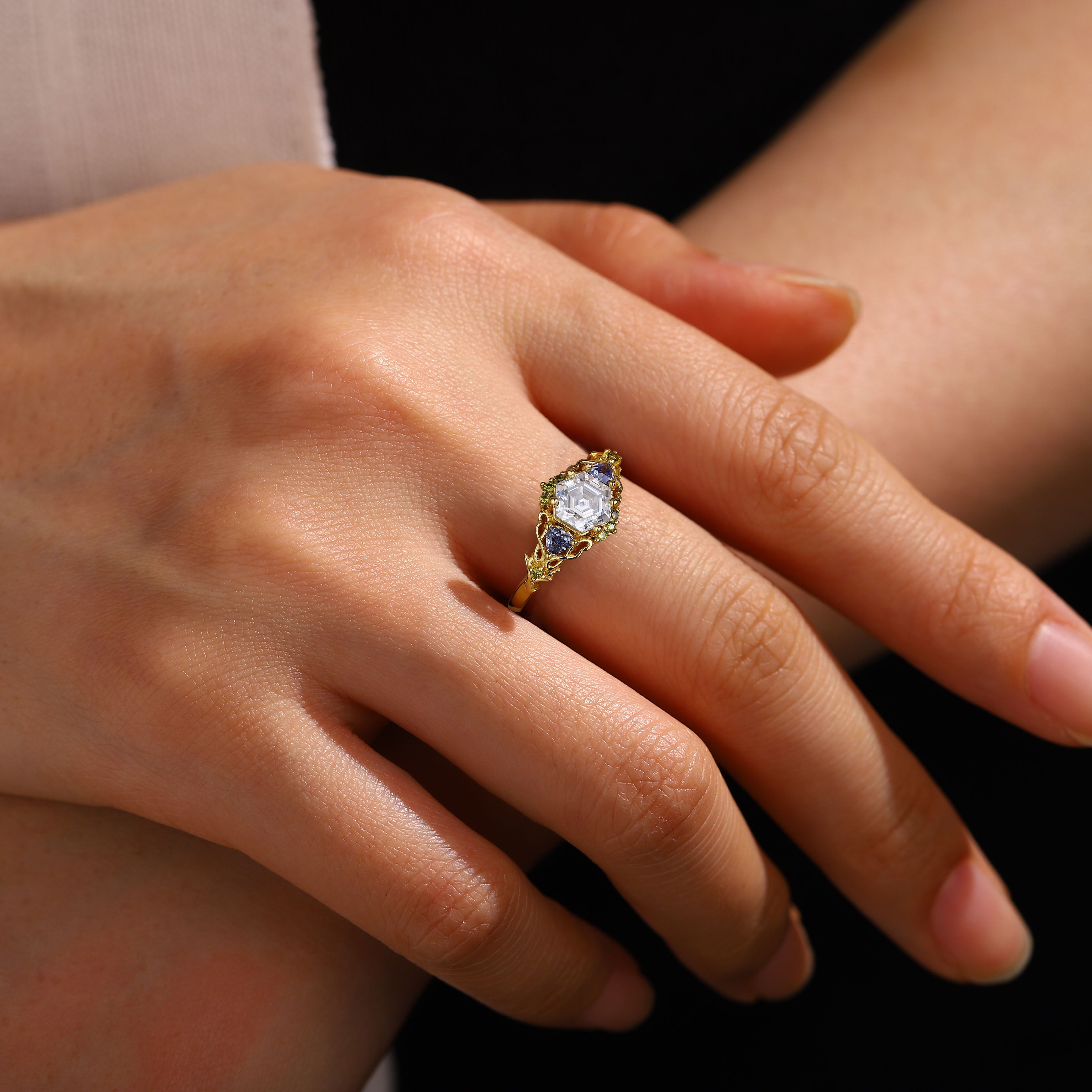 Unique Three Stone Hexagon Moissanite and Lab Sapphire Leaf 18K Yellow Gold Ring