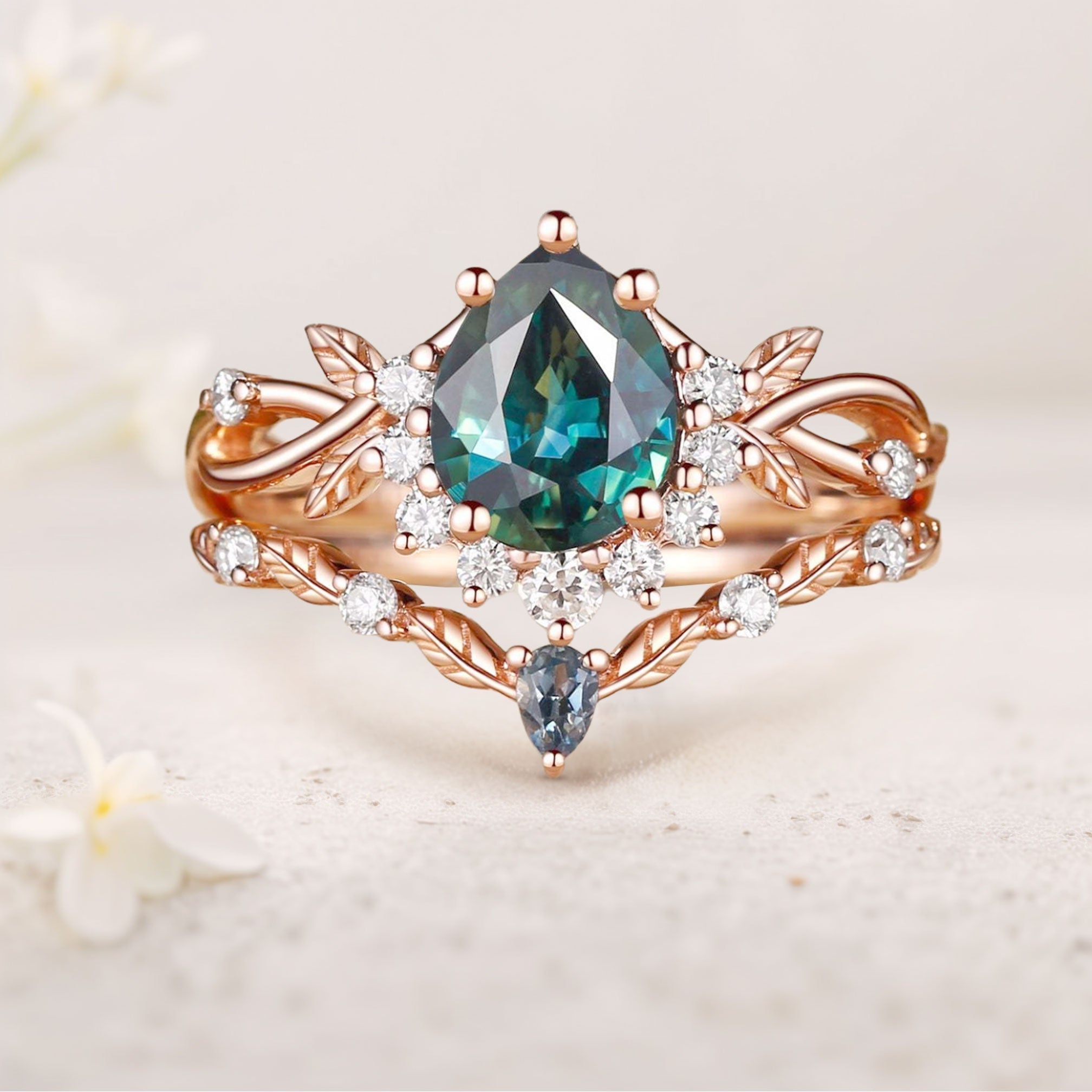 Vintage floral engagement rings Pear Green Lab Sapphire 18K Yellow Gold Engagement Ring Set