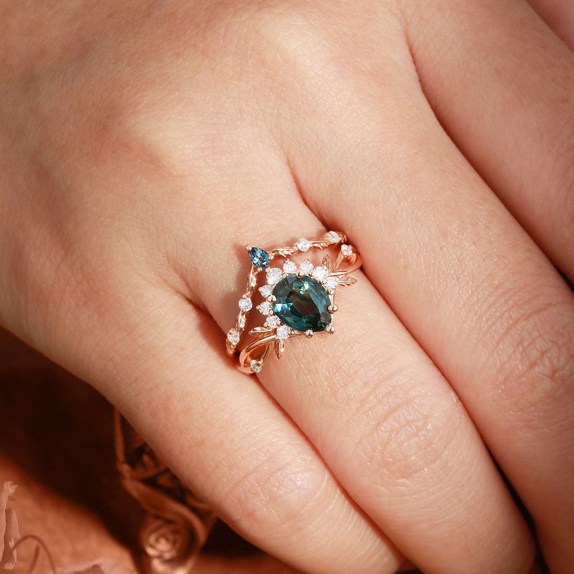 Vintage floral engagement rings Pear Green Lab Sapphire 18K Yellow Gold Engagement Ring Set