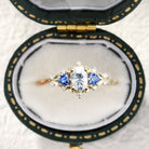 Unique Briar Rose Three Stone Oval Moissanite and Lab Sapphire 18K Yellow Gold Wedding Ring