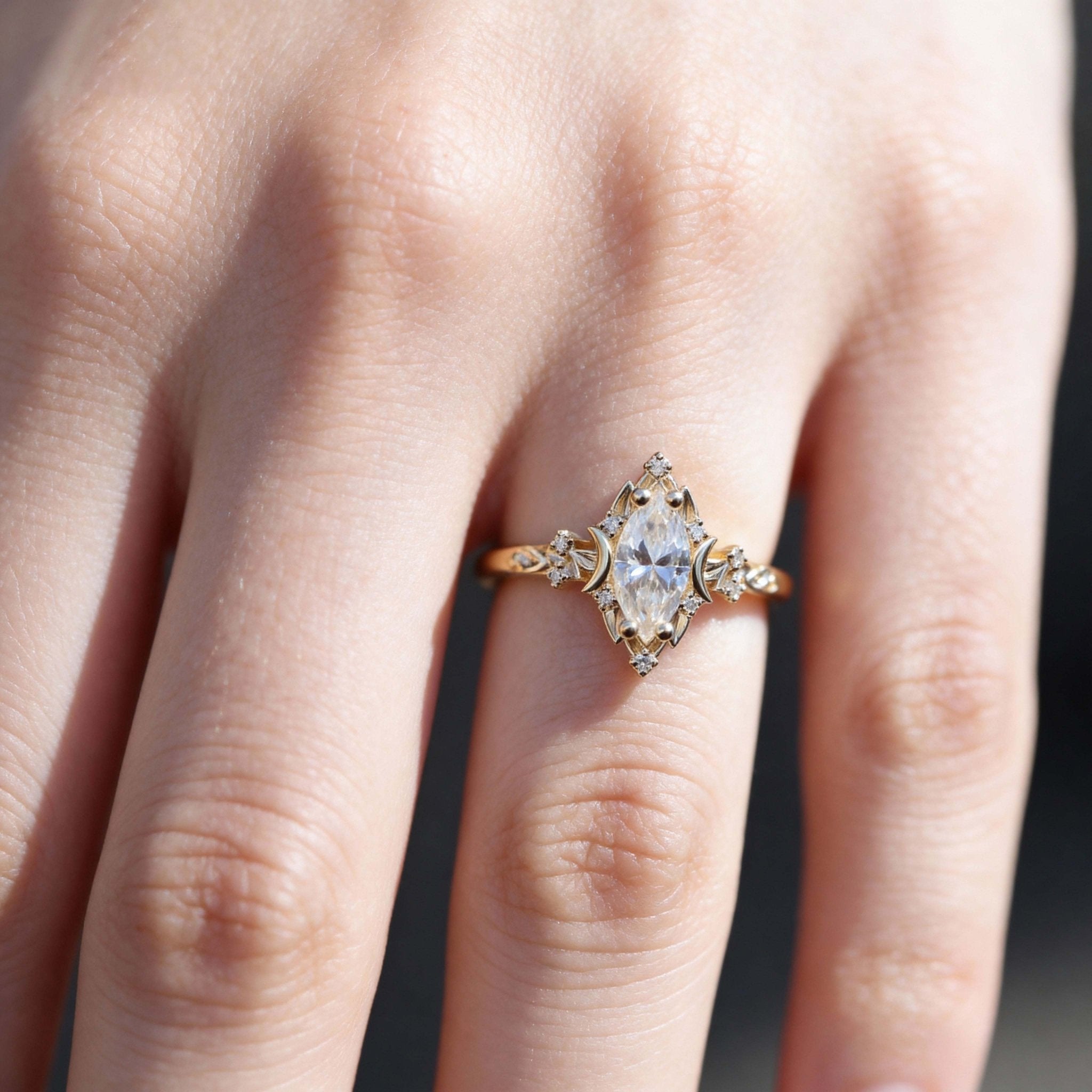 Unique Briar Moon Marquise Moissanite Engagement Ring - Oore Jewelry
