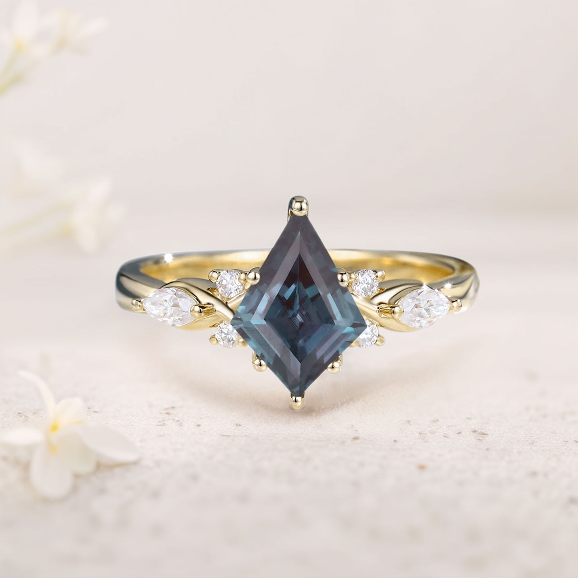 Unique Kite Lab Alexandrite 18K Rose Gold Engagement Ring Twisted Bridal Ring