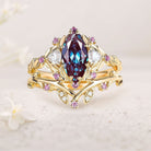 Unique Flower Engagement Ring Marquise Lab Alexandrite Vintage Pink Sapphire Leaf 18K Yellow Gold Wedding Ring Bridal Ring Set