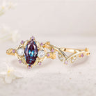 Unique Flower Engagement Ring Marquise Lab Alexandrite Vintage Pink Sapphire Leaf 18K Yellow Gold Wedding Ring Bridal Ring Set