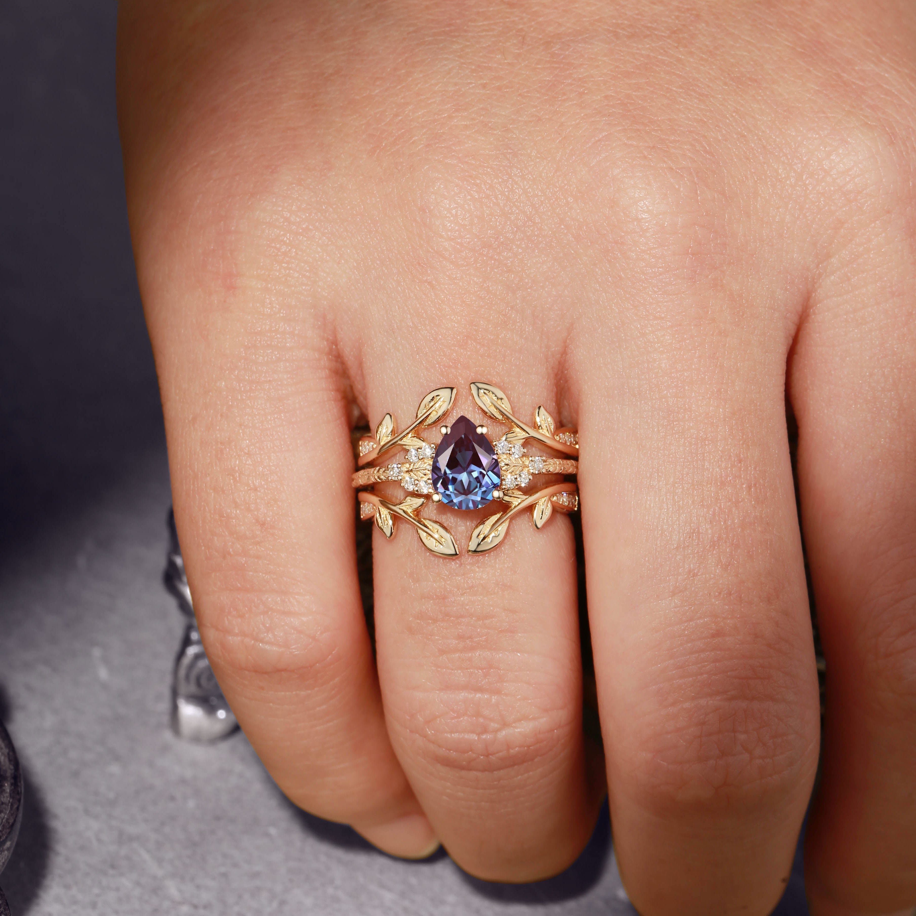 Unique floral engagement rings Pear Lab Alexandrite  18K Yellow Gold Double Curved Ring Set