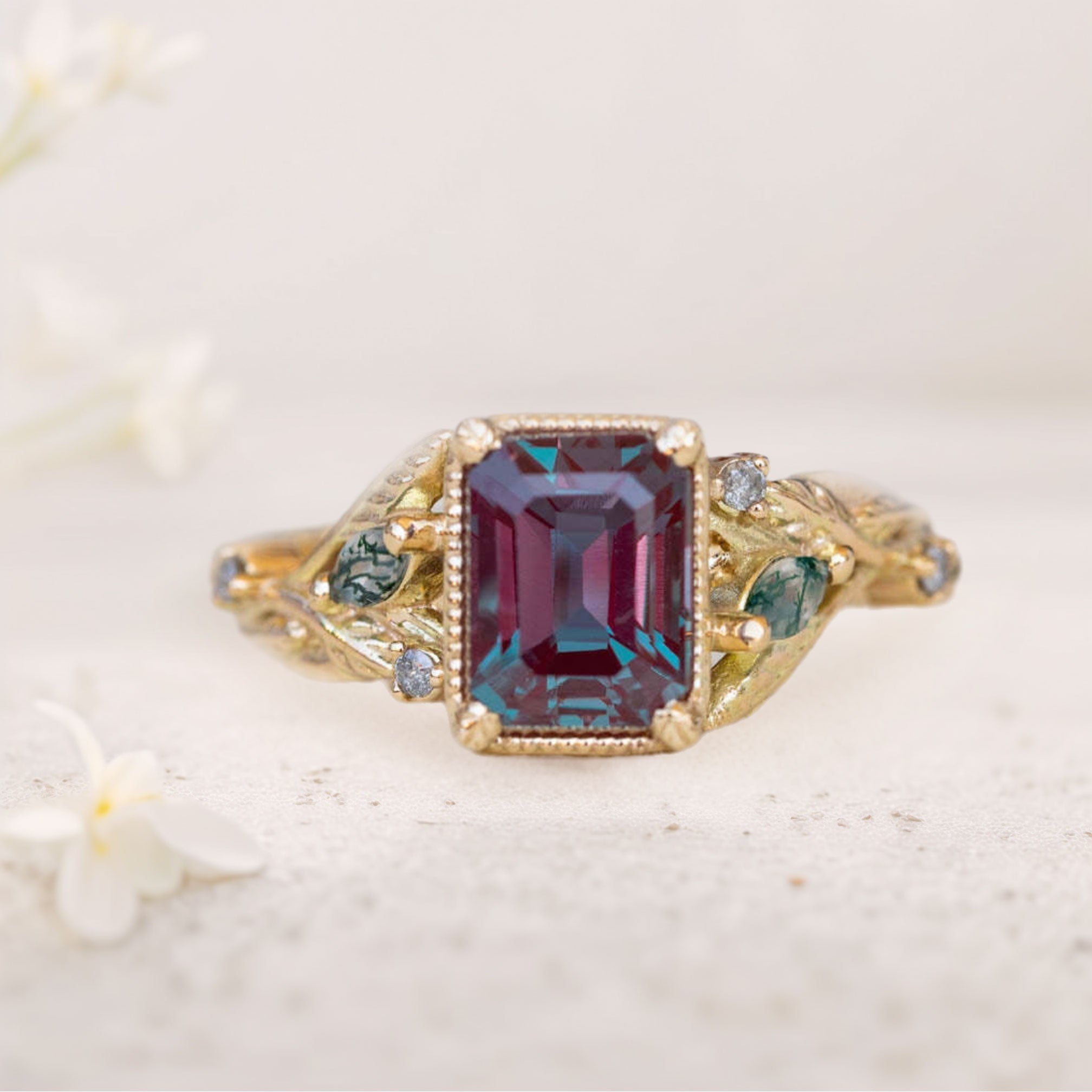 Vintage floral engagement rings Emerald cut Lab Alexandrite 18K Yellow Gold Engagement ring Promise ring