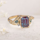 Vintage floral engagement rings Emerald cut Lab Alexandrite 18K Yellow Gold Engagement ring Promise ring