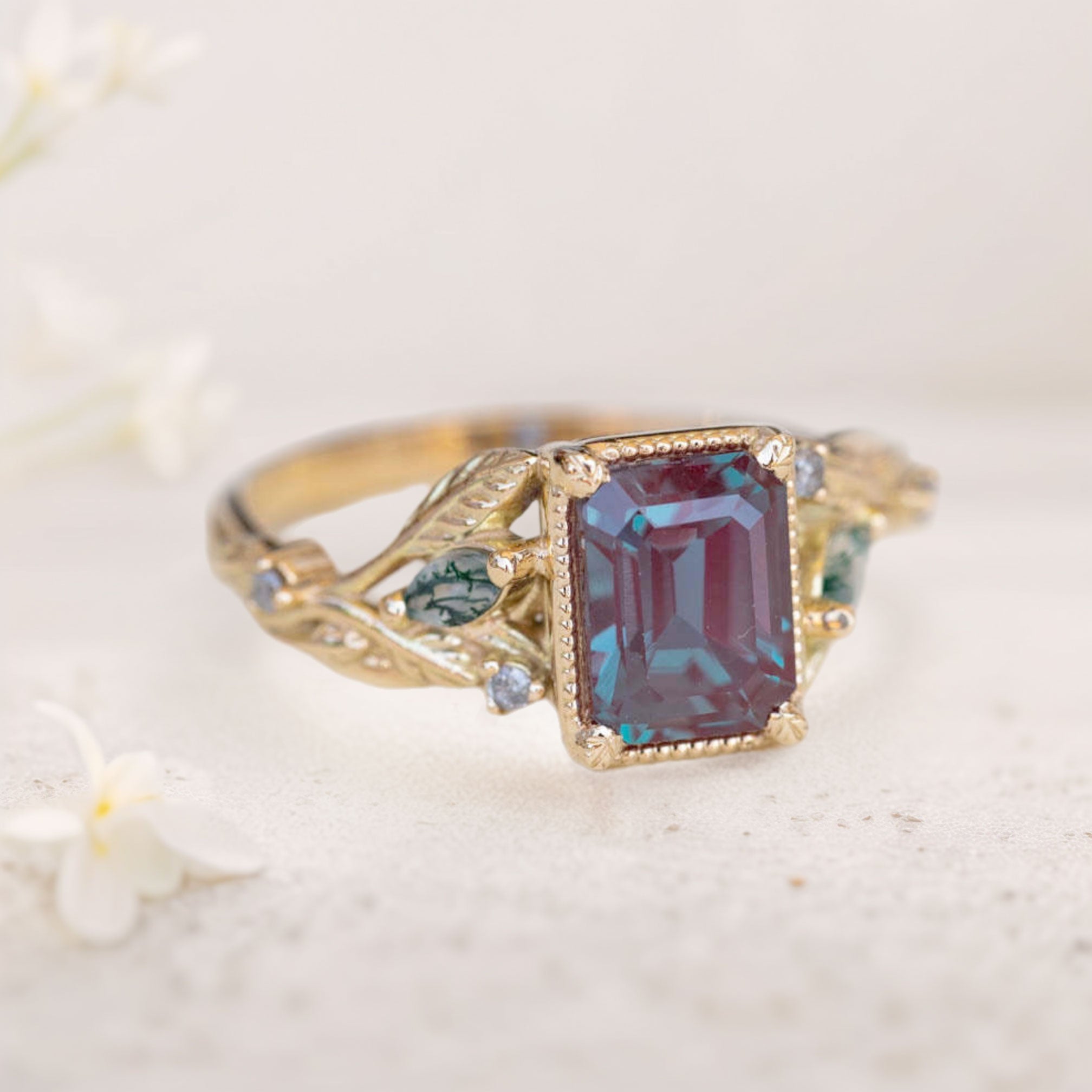 Vintage floral engagement rings Emerald cut Lab Alexandrite 18K Yellow Gold Engagement ring Promise ring