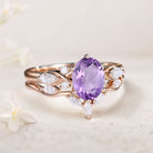 Vintage Oval Amethyst and Moissanite Curved 18K Rose Gold Wedding Ring Set Bridal Ring Set