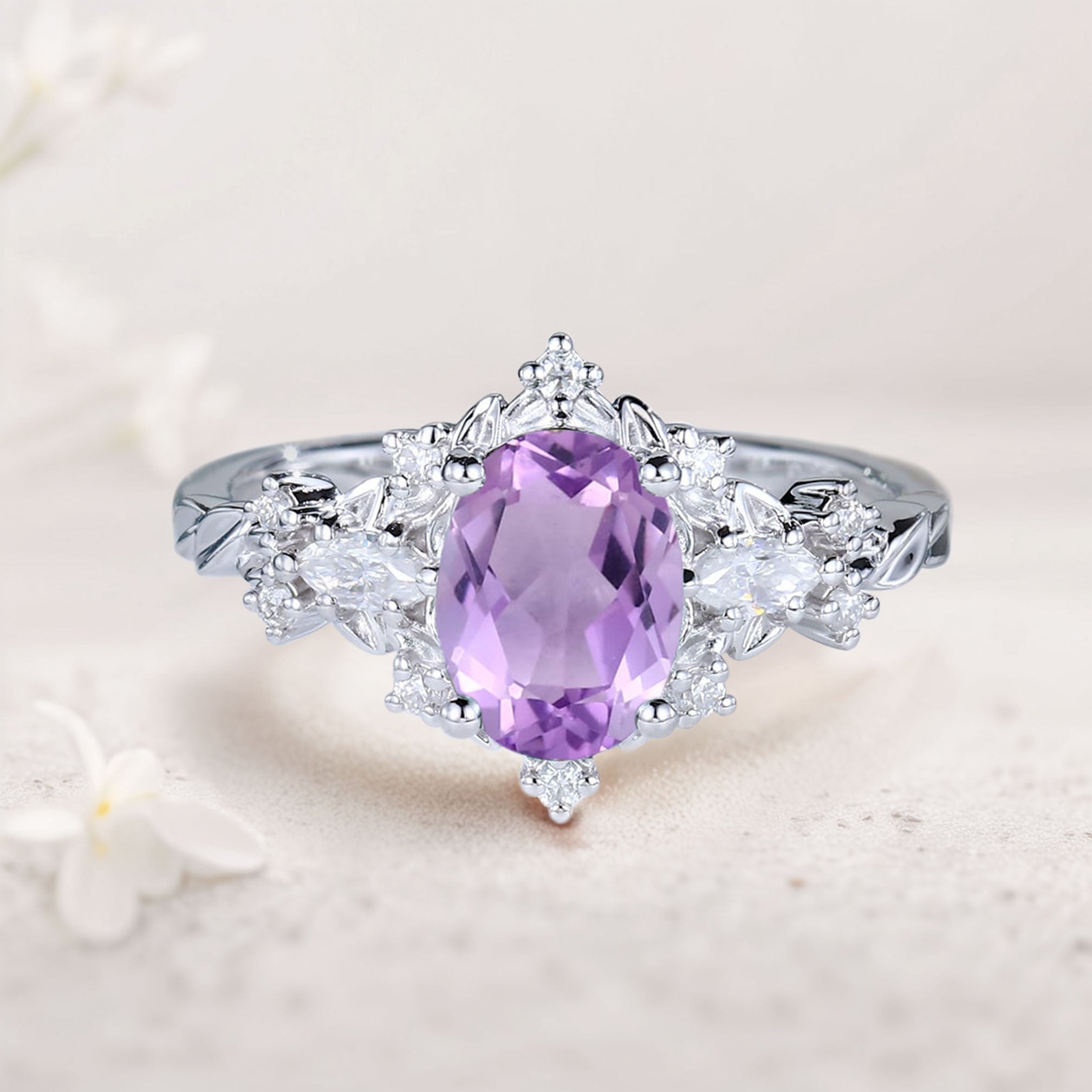 Vintage Briar Rose Oval Amethyst 18K White Gold Engagement Ring  Vine Ring