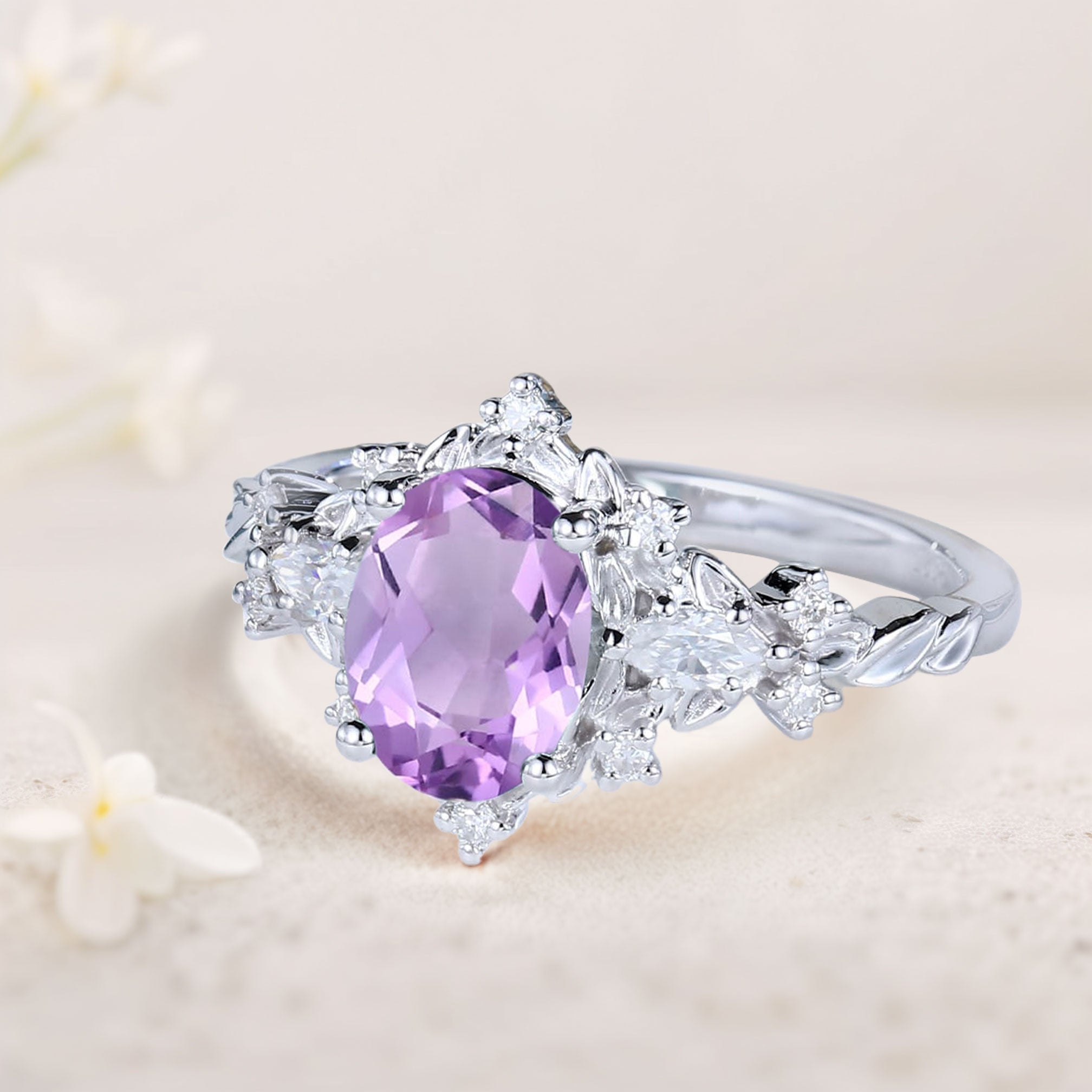 Vintage Briar Rose Oval Amethyst 18K White Gold Engagement Ring  Vine Ring