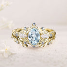 Unique floral engagement rings Oval Lab Aquamarine Flower Engagement Ring Set Delicate Aquamarine Leaf 18K Yellow Gold Wedding Ring Set