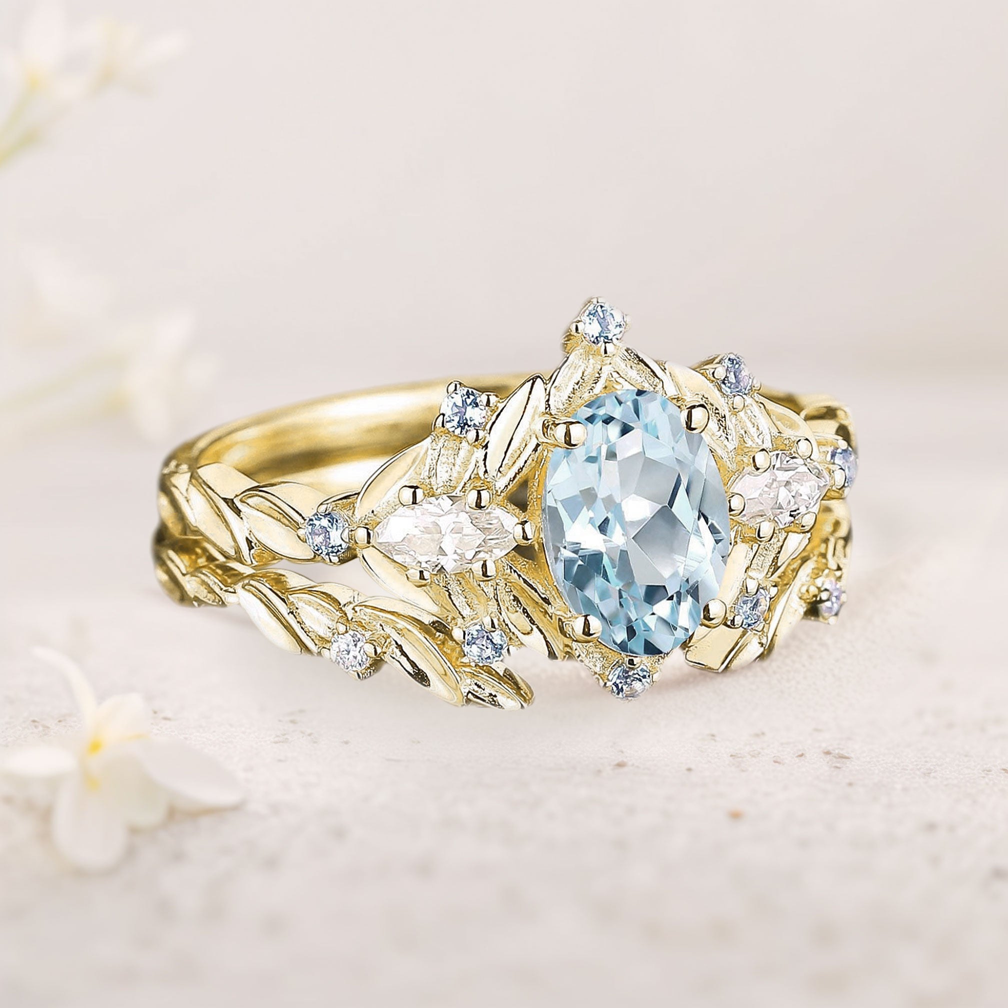 Unique floral engagement rings Oval Lab Aquamarine Flower Engagement Ring Set Delicate Aquamarine Leaf 18K Yellow Gold Wedding Ring Set