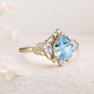 Unique floral engagement rings Pear Lab Aquamarine and Moissanite side stones Leaf Ring 18K Yellow Gold Engagement Ring