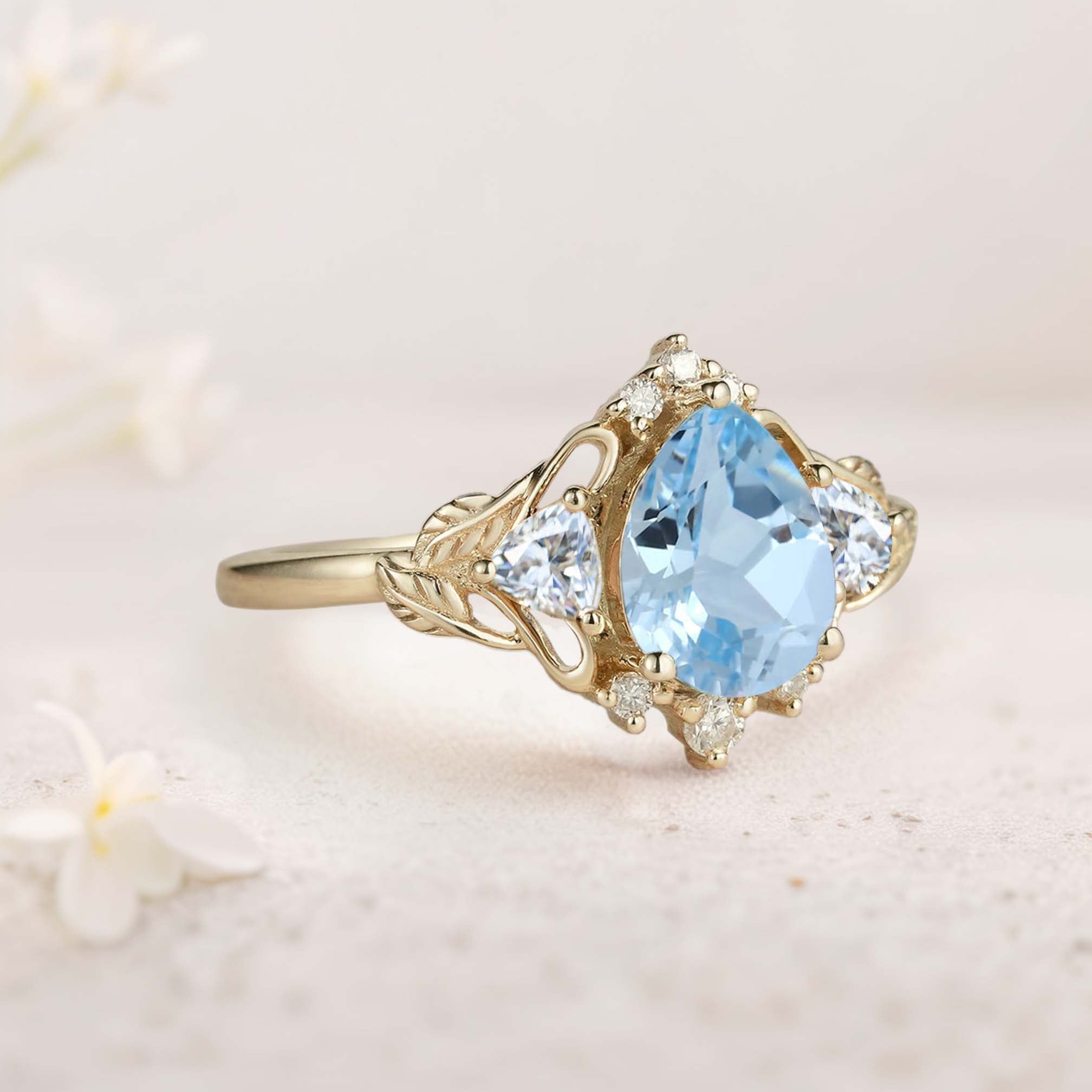 Unique floral engagement rings Pear Lab Aquamarine and Moissanite side stones Leaf Ring 18K Yellow Gold Engagement Ring